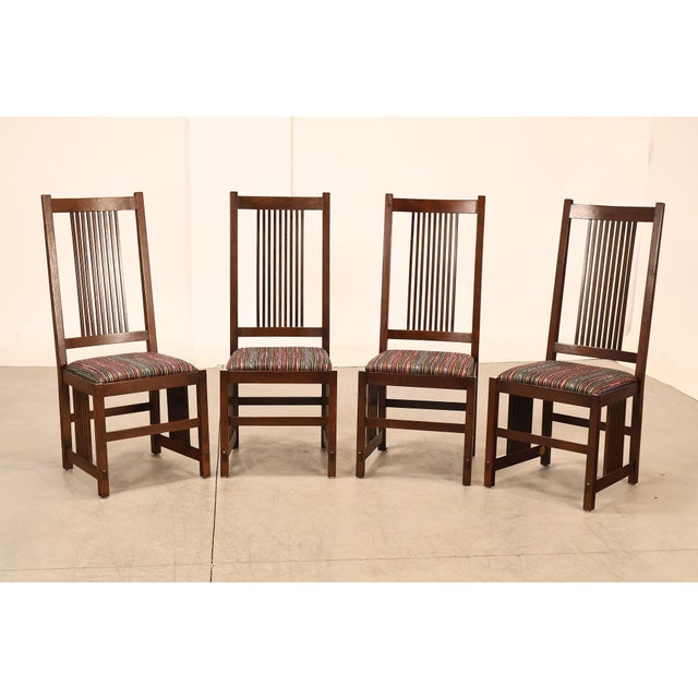 High Quality American Made Set of Four Oak Side Chairs with High Spindle Backrests, #34 Finish