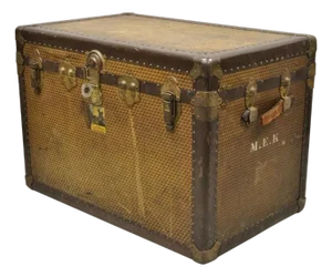 Antique Belber Traveling Goods Brown Monogram Print Hard Case Steamer Trunk