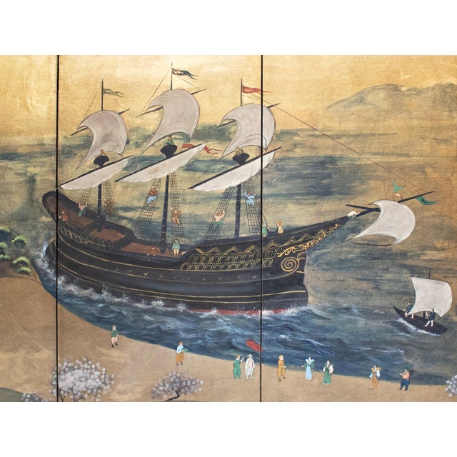 Goldenrod "Nanban Ship at Arrival", Early to Mid Showa Era Japanese Byobu Screen For Sale - Image 8 of 18