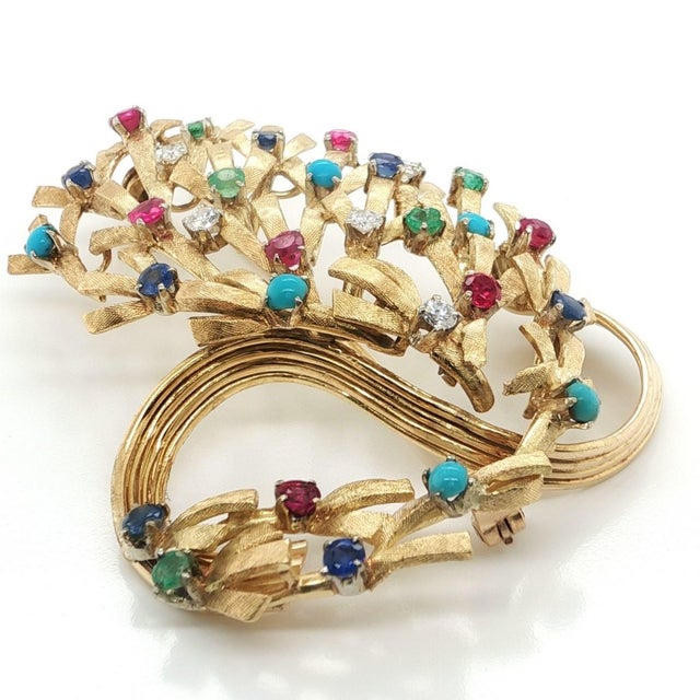 Mid 20th Century Diamond Multicolor Gems 18k Yellow Gold Large Floral Bouquet Brooch Pin For Sale In Miami - Image 6 of 11
