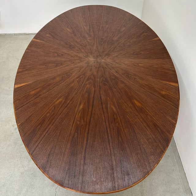 Wood Vintage 70s Osvaldo Borsani Oval Dining Table Walnut Starburst Top & Chrome Base For Sale - Image 7 of 10