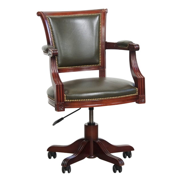 English Green Cowhide and Wooden Office Chair with Decorative Nails on Wheels For Sale