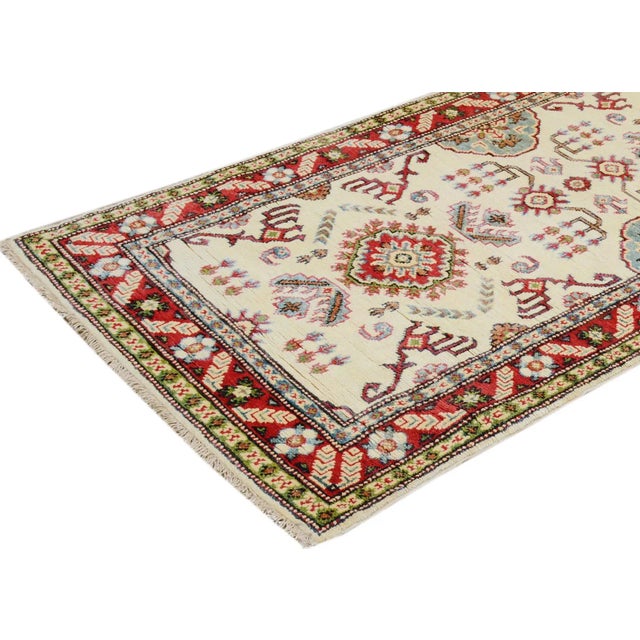 Shabby Chic 1990s Shabby Chic Kazak Ivory Red Wool Rug - 2'8" X 9'8" For Sale - Image 3 of 8