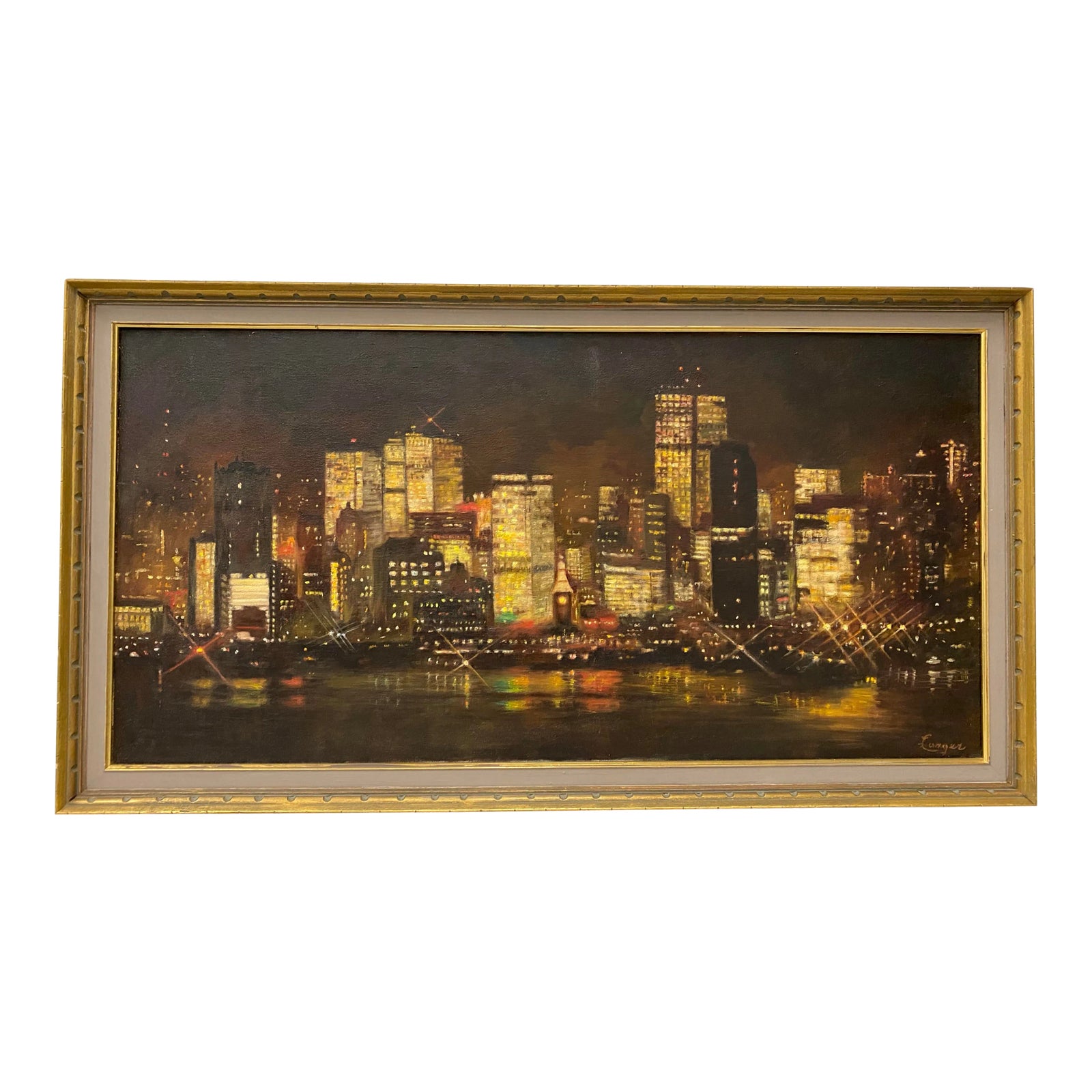 Mid Century San Francisco Skyline at Night Original Oil Painting