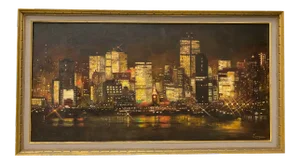 Mid Century San Francisco Skyline at Night Original Oil Painting by Conger C.1950