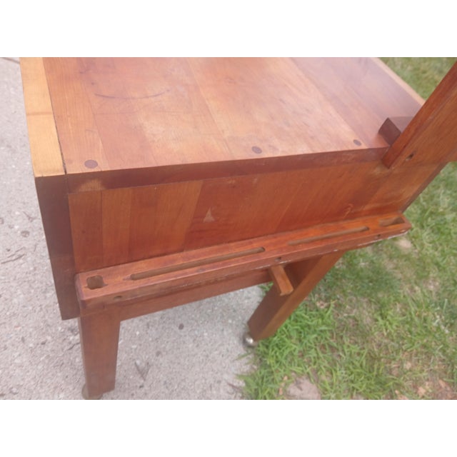 Vintage Butcher Block Work Table, With Hanging Rack, on Brass Castors For Sale - Image 9 of 15