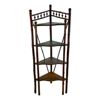 1940s Vintage Coastal British Colonial Stick & Ball Bamboo Corner Etagere - Oxblood Stain. For Sale