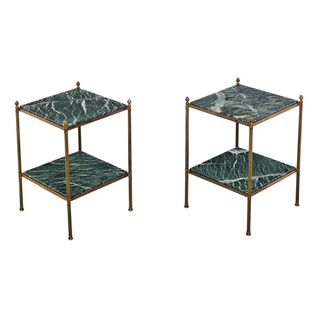Antique Brass and Green Marble Etagere Side Tables, 1950, Set of 2 For Sale