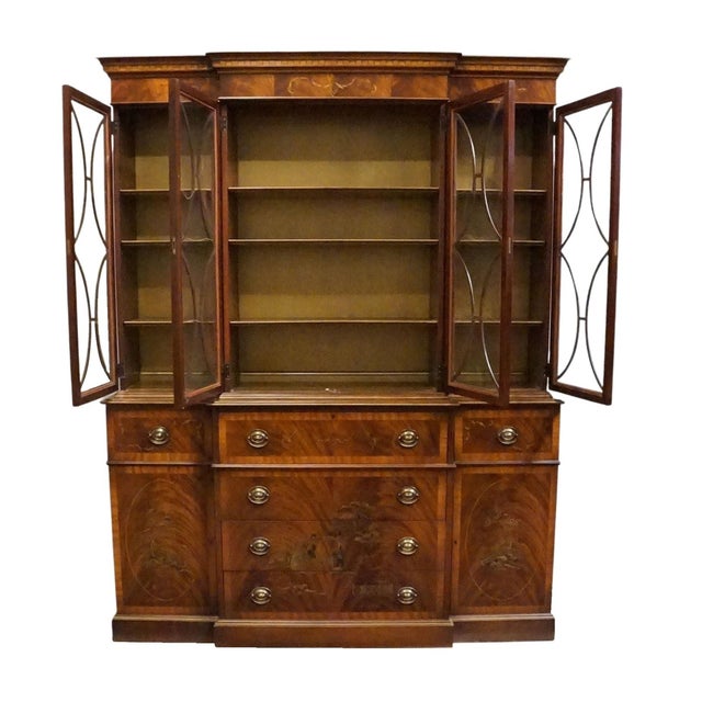 Late 20th Century Saginaw Furniture Flame Mahogany Traditional Duncan Phyfe Style 66" Breakfront Secretary China Cabinet W. Bubble Glass For Sale - Image 5 of 16