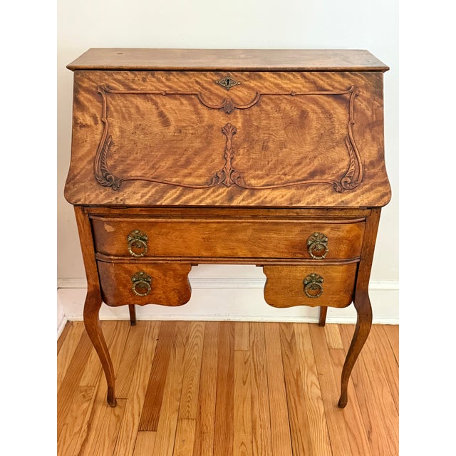 Antique French Provincial Tiger Maple Slant-Front Secretary Desk For Sale - Image 12 of 13