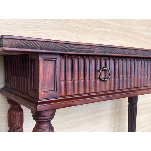 Wood Early 20th Century Catalan Spanish Carved Walnut Console Table with Two Drawers, 1890 For Sale - Image 7 of 18
