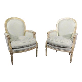Pair of French Louis XVI Style Balloon Back Bergère Lounge Club Chairs, Circa 1940 For Sale
