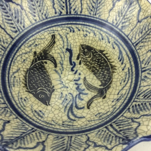 Rare Asian Crackle Finished Ceramic Clay Pottery Bowl Dancing Fish For Sale In Portland, ME - Image 6 of 9