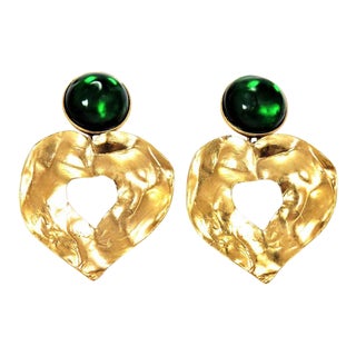 Ysl Gripoix EmErald Poured Glass and Gold Drop Heart Earrings