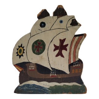 Early 1900s Hand Painted Wooden and Metal Ship Bookend For Sale
