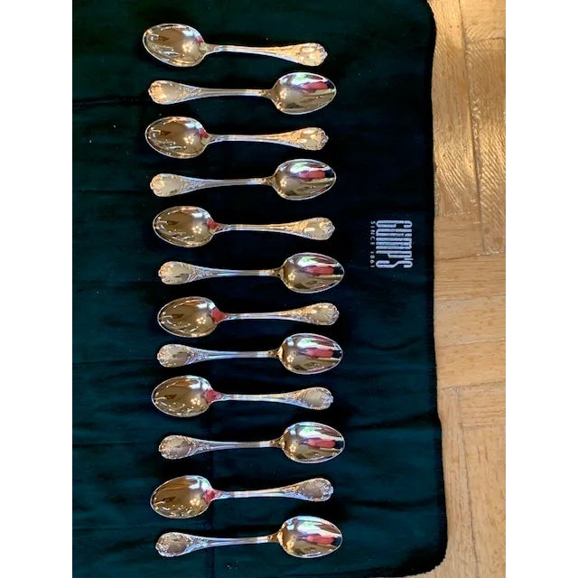 Victorian Vintage Silver Plate Stamped Gumps Demitasse Coffee Spoons Set of 12 in 2 Felt Bags For Sale - Image 3 of 6