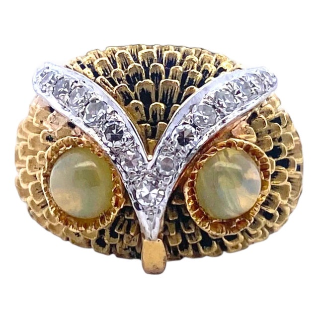 Vintage 18k Gold Diamond Owl Ring With Chrysoberyl Eyes, Size 6.5 For Sale