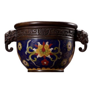 Vintage Cloisonné Enamel Censer With Beast Handles and Lotus Motif For Sale