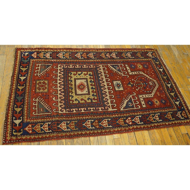 Tribal 1870s Red Geometric Tribal Antique Caucasian Kazak Prayer Rug 3' X 4'9" Handknotted Wool Carpet For Sale - Image 3 of 7