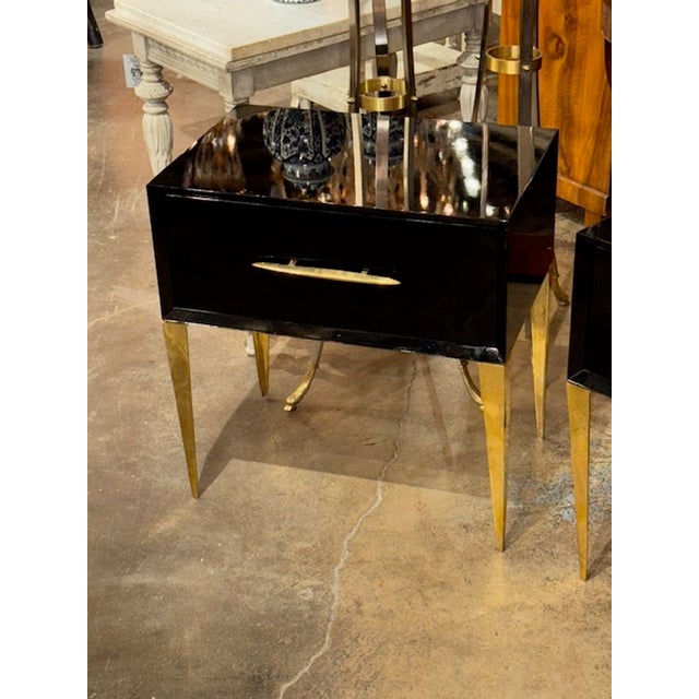 Modern Modern Italian High Gloss Black Lacquered Side Tables With Brass Accents For Sale - Image 3 of 7