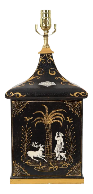 1970s Pagoda Topped Lamp With Black Background and Gold-White Decorations