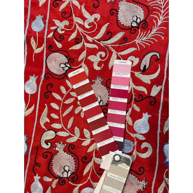 Red Silk Suzani Table Runner With Cream Vine Scrolls For Sale - Image 9 of 9