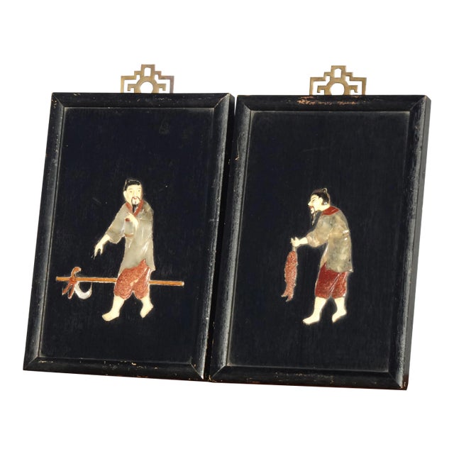 Oriental Asian Black Pictures with Mother of Pearl 'Men Farming & Fishing' - a Pair For Sale