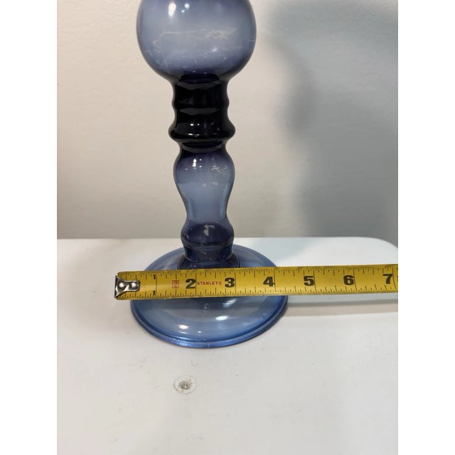 Vintage Blue Glass Pedestal Candle Holder | MCM Art Glass Compote Decor For Sale - Image 12 of 13