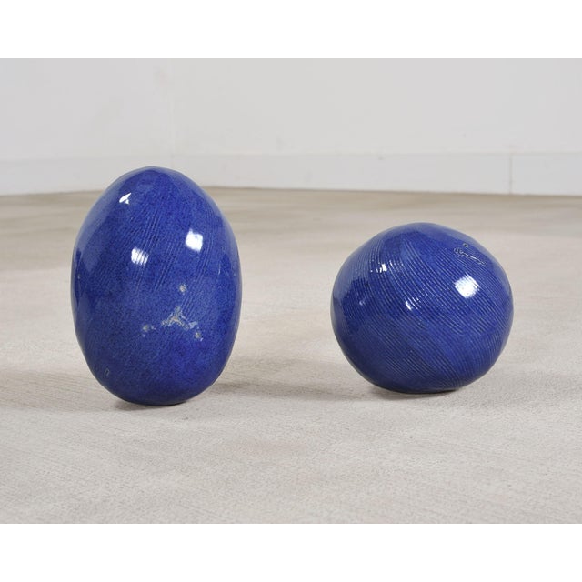 Set of Blue Glazed Ceramic Garden Egg Sculptures After Jun Kaneko For Sale - Image 16 of 18