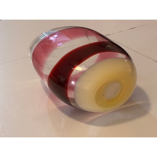 Glass 2003 Caleb Siemon Signed Studio Art Glass Oval Sommerso Vase - Ruby & Cream For Sale - Image 7 of 14