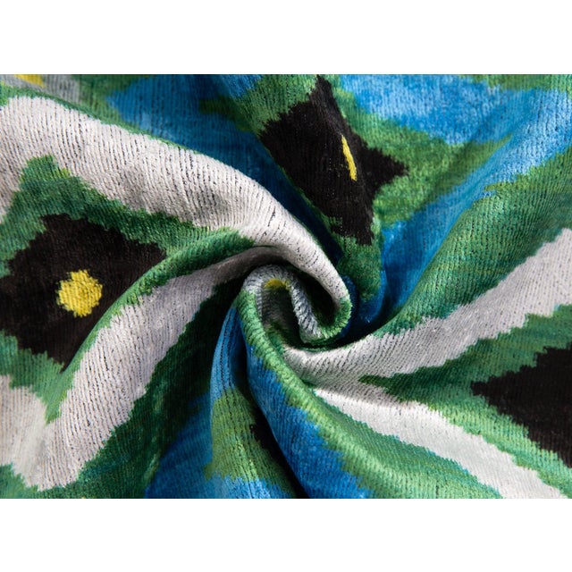 2020s Handmade Geometric Silk Velvet Pillow 16x24, Down Feather Insert, Green-Blue Design For Sale - Image 5 of 5