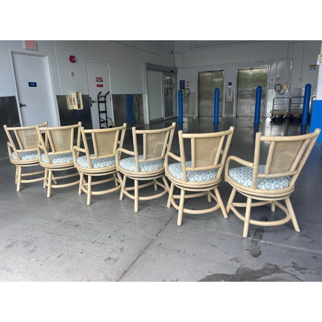 Vintage Organic Modern Rattan Swivel Dining Chairs With Arms and Cane Backs – Set of 6 For Sale In Naples, FL - Image 6 of 17