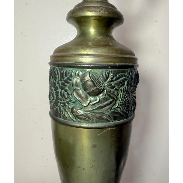 Antique Art Deco Green Pittsburg Hand Painted Glass Bronze Patinated Table Lamp For Sale - Image 12 of 14