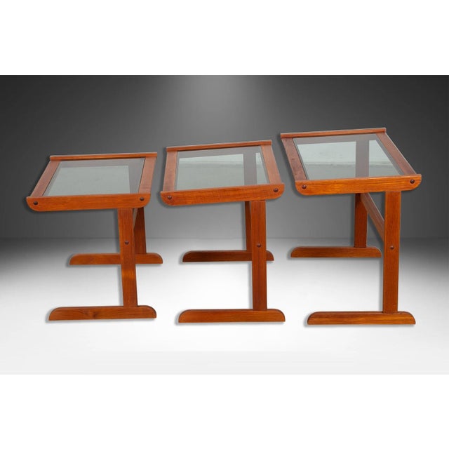 1970s Danish Mid Century Teak Glass Top Nesting Tables - Set of 3 For Sale - Image 4 of 11