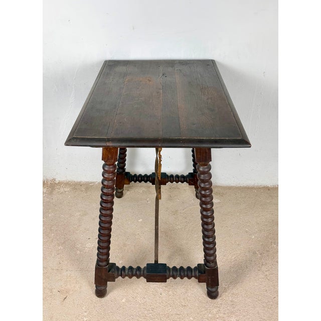 Brown Spanish Barley Twist Side Table with Wrought Iron Stretchers, 1930s For Sale - Image 8 of 11