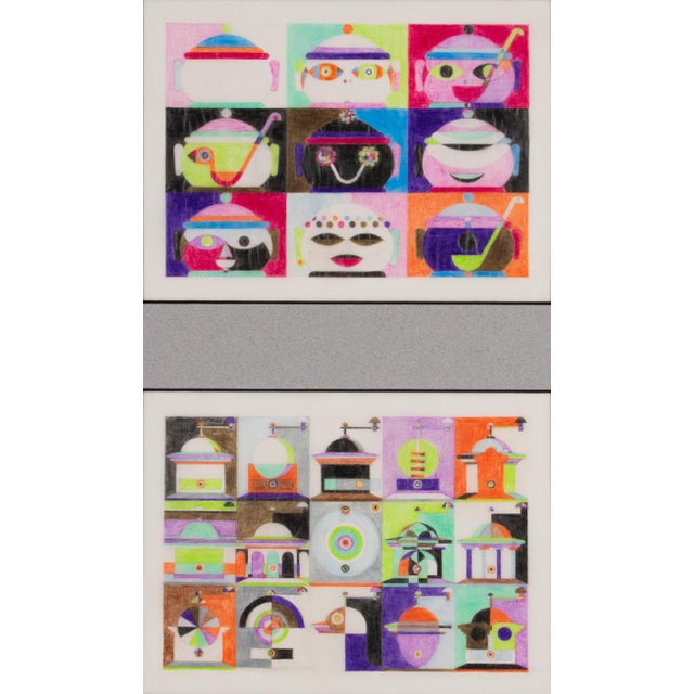 Modern Geometric Multicolor Surrealist Drawings on Tracing Paper, France, Circa 1960 For Sale - Image 3 of 11