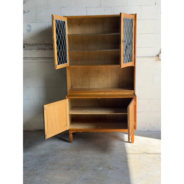 Vintage Danish Oak Hutch Cabinet in Style of Henning Kjærnulf With Leaded Glass Doors For Sale In Los Angeles - Image 6 of 9