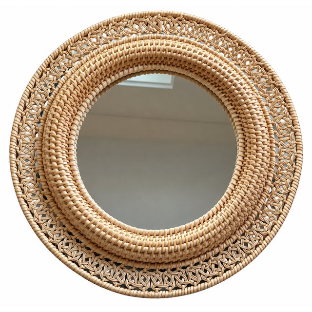 Brown Vintage Round Handwoven Rattan Mirror With Openwork Knot Motif - 14"diameter Mirror For Sale - Image 8 of 10