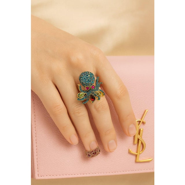 Bochic "Orient" Vintage Natural Blue Topaz & Tourmaline Ring Set 18K & Silver For Sale - Image 14 of 18