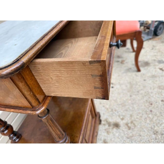 19th century Antique French Provincial Style Walnut Marble Top Bedside Table. 2 tiers, marble-top above a single drawer,...