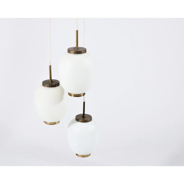 Lyfa Danish Brass and Opaline Glass Chandelier by Bent Karlby for Lyfa, 1950s For Sale - Image 4 of 10