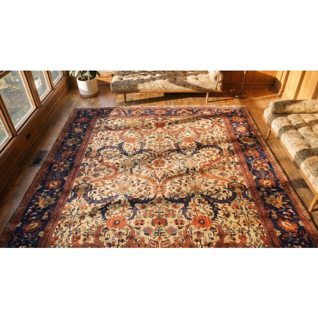 Textile Fantastic Ivory and Navy Blue Color With Florid and Palmettes Design Antique Sultanabad Rug For Sale - Image 7 of 8