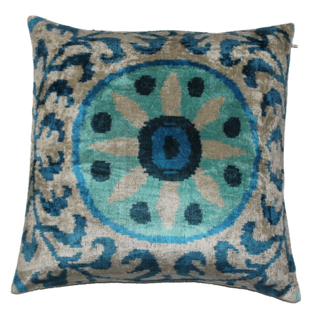 Light Blue Hand Knotted Turkish Silk Velvet Ikat Pillows For Sale - Image 9 of 9
