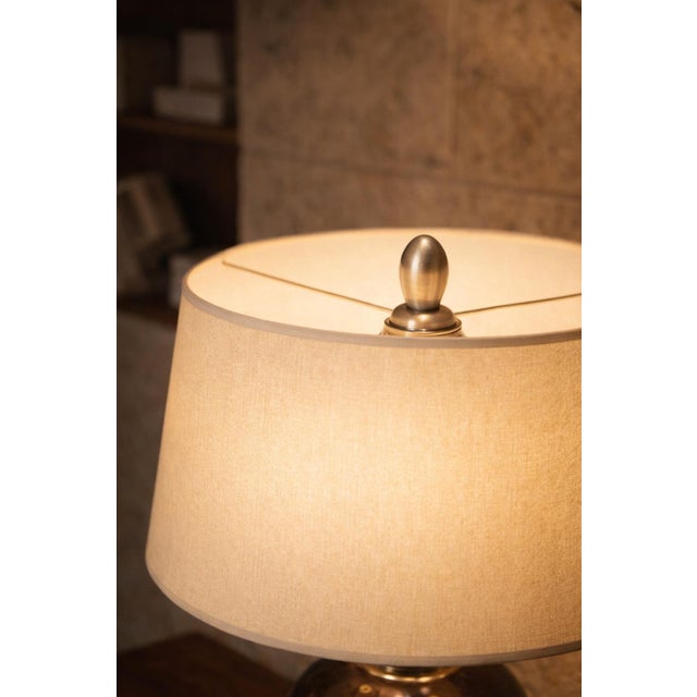 Vintage Hammered Bronze Table Lamp With Chevron Nickel Band & Linen Shade – Sculptural Designer Style – 34” For Sale - Image 9 of 12
