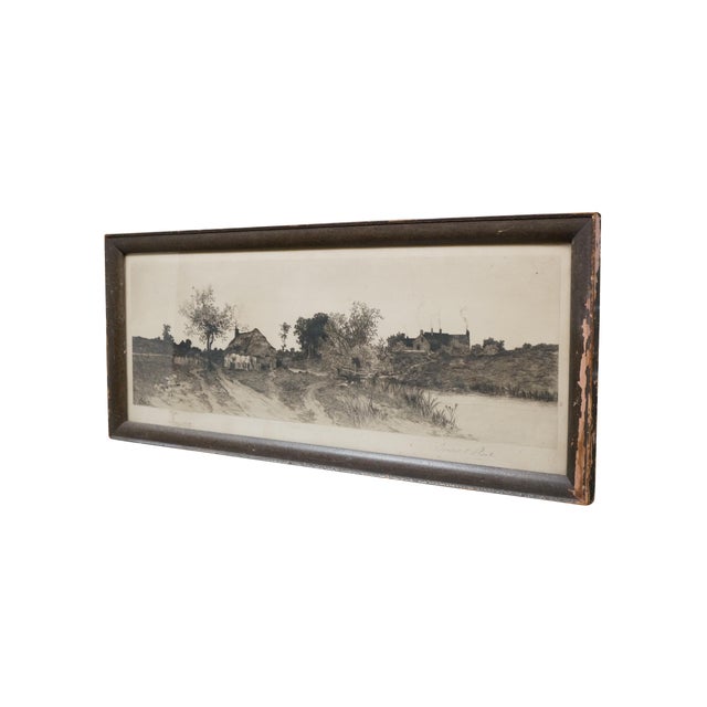 Antique Ernest C Rost signed panoramic country landscape etching featuring a thatched cottage and farmhouse with river...