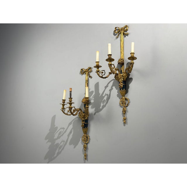 Henry Dasson Attr., Louis XVI, Wall Sconces, Bronze, France, 1860s A large and impressive pair of Louis XVI–style wall...