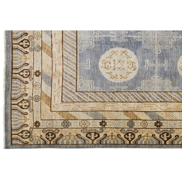 Hand-Knotted Modern Khotan Wool Rug Muted Blue and Sand Medallion Pattern For Sale - Image 10 of 11
