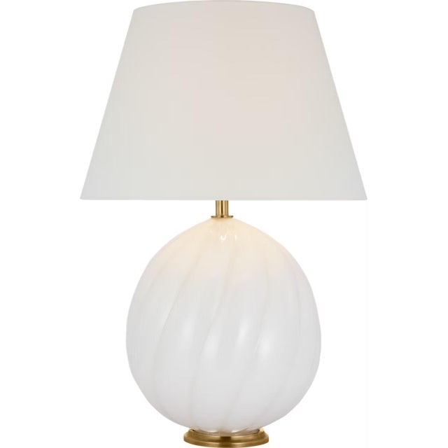 Transitional Julie Neill by Visual Comfort Signature Talia Medium Cordless Table Lamp in White Glass with Linen Shade For Sale - Image 3 of 3