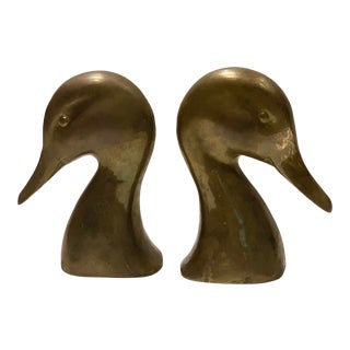 Late 20th Century Vintage Brass Duck Bookends- A Pair For Sale