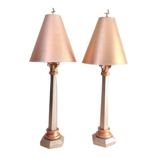 Vintage Leeazanne Neoclassical Corinthian Column Table Lamps, Pair | Lam Lee Group Gilt Column Lamps With Shades For Sale